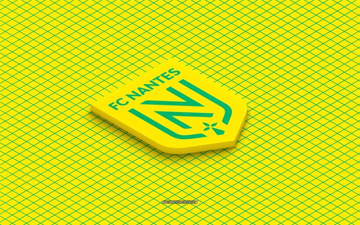 4k, FC Nantes isometric logo, 3d art, French football club, isometric art, FC Nantes, yellow background, Ligue 1, France, football, isometric emblem, FC Nantes logo