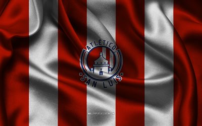 4k, Atletico de San Luis logo, red white silk fabric, Mexican football team, Atletico de San Luis emblem, Liga MX, Atletico de San Luis, Mexico, football, Atletico de San Luis flag