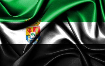 エストレマドゥーラの旗, 4k, スペインのコミュニティ, 布旗, エストレマドゥーラの日, エストレマドゥーラ州の旗, 波状の絹の旗, スペイン, エストレマドゥーラ