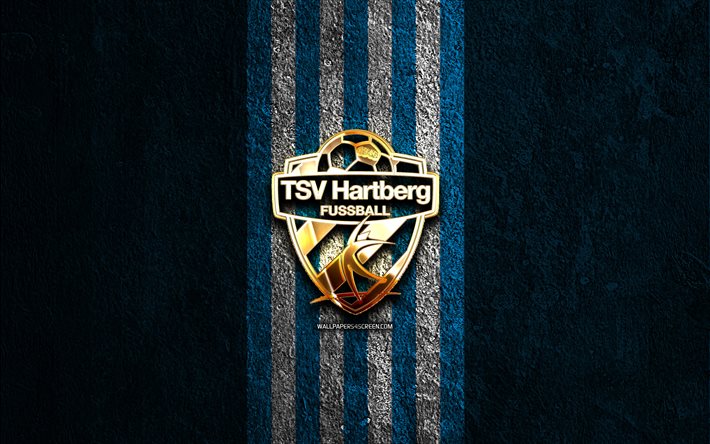 شعار tsv hartberg الذهبي, 4k, الحجر الأزرق الخلفية, الدوري النمساوي, نادي كرة القدم النمساوي, شعار tsv hartberg, كرة القدم, tsv هارتبرج, tsv hartberg fc