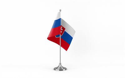 4k, tischfahne slowakei, weißer hintergrund, slowakische flagge, tischflagge der slowakei, slowakische flagge auf metallstab, flagge der slowakei, nationale symbole, slowakei, europa