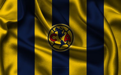 4k, logo club amérique, tissu de soie bleu jaune, équipe mexicaine de football, emblème du club america, ligue mx, club amérique, mexique, football, drapeau du club américain