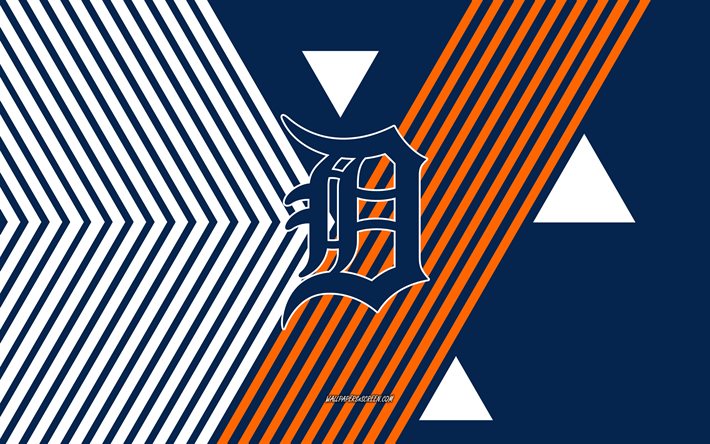 logo dei detroit tigers, 4k, squadra di baseball americana, sfondo blu linee arancioni, tigri di detroit, mlb, stati uniti d'america, linea artistica, emblema dei detroit tigers, baseball