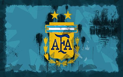 4k, logo del grunge della nazionale di calcio dell'argentina, sfondo blu grunge, conmebol, squadre nazionali, logo della nazionale di calcio dell'argentina, calcio, squadra di calcio argentina, arte del grunge, nazionale di calcio dell'argentina