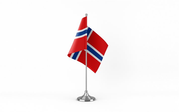 4k, norveç masa bayrağı, beyaz arkaplan, norveç bayrağı, metal çubuk üzerinde norveç bayrağı, ulusal semboller, norveç, avrupa