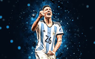 नहुएल मोलिना, 4k, अर्जेंटीना की राष्ट्रीय फुटबॉल टीम, नीली नीयन रोशनी, फ़ुटबॉल, फुटबॉल, लाल सार पृष्ठभूमि, लियो मैसी, अर्जेंटीना की फुटबॉल टीम, नहुएल मोलिना 4k