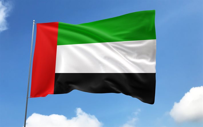 bandeira dos emirados árabes unidos no mastro, 4k, países asiáticos, bandeira dos emirados árabes unidos, bandeiras de cetim onduladas, símbolos nacionais dos emirados árabes unidos, dia dos emirados árabes unidos, emirados árabes unidos