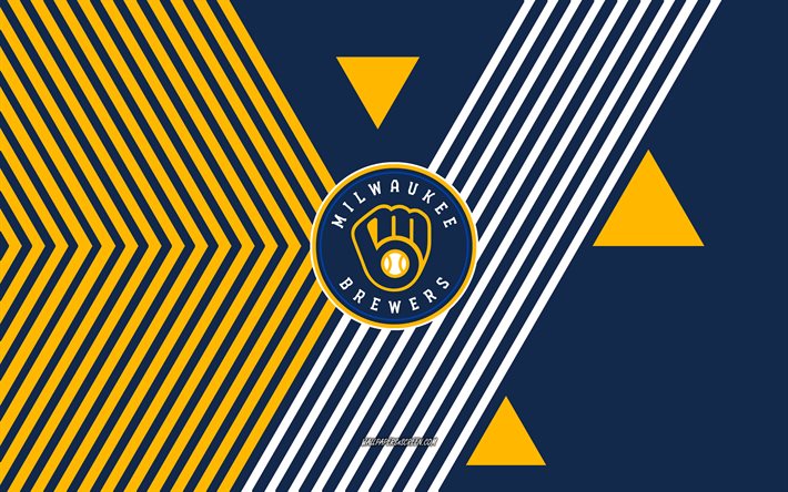 il logo dei milwaukee brewers, 4k, squadra di baseball americana, sfondo di linee gialle blu, milwaukee brewers, mlb, stati uniti d'america, linea artistica, emblema dei milwaukee brewers, baseball