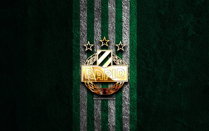 logotipo dorado rapid viena, 4k, fondo de piedra verde, bundesliga de austria, club de fútbol austríaco, logotipo rápido de viena, fútbol, emblema rápido de viena, sk rapid viena, rapid viena fc
