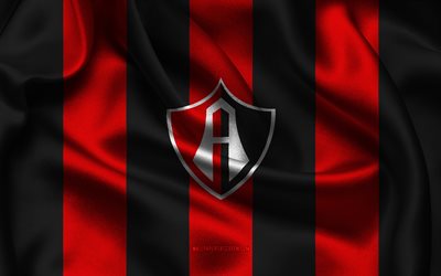4k, Atlas FC logo, black red silk fabric, Mexican football team, Atlas FC emblem, Liga MX, Atlas FC, Mexico, football, Atlas FC flag