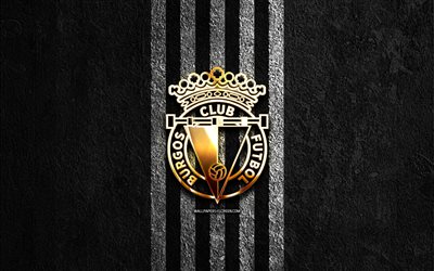 Burgos CF golden logo, 4k, black stone background, La Liga 2, spanish soccer club, Burgos CF logo, soccer, Burgos CF emblem, LaLiga2, Burgos CF, football, Burgos FC