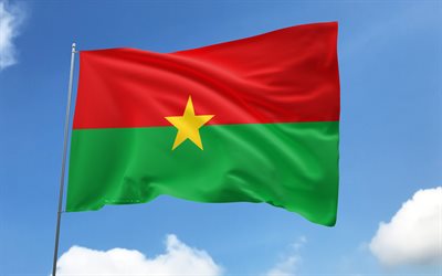 Burkina Faso flag on flagpole, 4K, African countries, blue sky, flag of Burkina Faso, wavy satin flags, Burkina Faso flag, Burkina Faso national symbols, flagpole with flags, Day of Burkina Faso, Africa, Burkina Faso