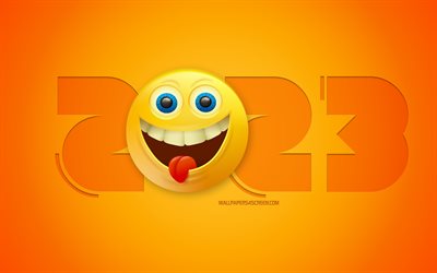 2023 Happy New Year, 4k, crazy emoticon, 2023 yellow background, 3d crazy smiley, 2023 concepts, Happy New Year 2023, 2023 greeting card