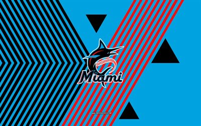 miami marlins logo, 4k, amerikanisches baseballteam, blaue schwarze linien hintergrund, miami marline, mlb, vereinigte staaten von amerika, strichzeichnungen, miami marlins emblem, baseball