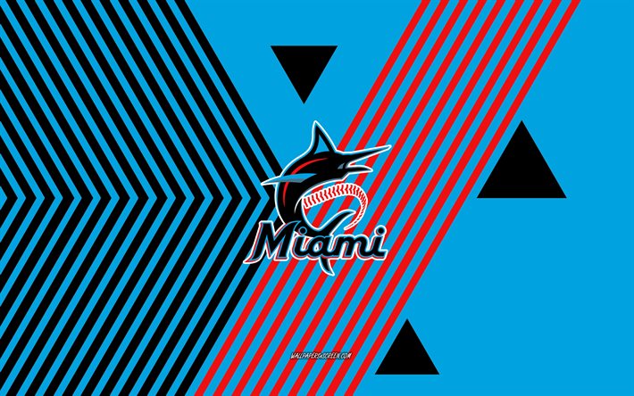miami marlins logosu, 4k, amerikan beyzbol takımı, mavi siyah çizgiler arka plan, miami marlinleri, mlb, amerika birleşik devletleri, hat sanatı, miami marlins amblemi, beyzbol