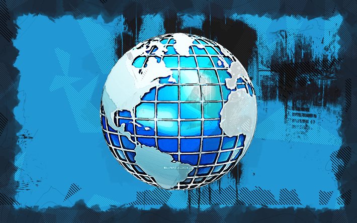 globe bleu, 4k, grunge art, notions de géopolitique, créatif, fond grunge bleu, globe terrestre, globes abstraits