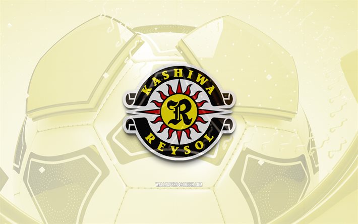 kashiwa reysol kiiltävä logo, 4k, keltainen jalkapallo tausta, j1 liiga, jalkapallo, japanilainen jalkapalloseura, kashiwa reysol 3d logo, kashiwa reysolin tunnus, kashiwa reysol fc, urheilun logo, kashiwa reysolin logo, kashiwa reysol