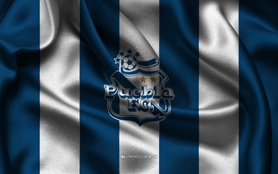 4k, logotipo de puebla fc, tela de seda blanca azul, seleccion mexicana de futbol, escudo del puebla fc, liga mx, puebla fc, méxico, fútbol, bandera de puebla fc, club puebla