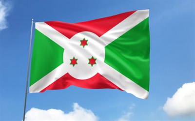 bandeira do burundi no mastro, 4k, países africanos, céu azul, bandeira do burundi, bandeiras de cetim onduladas, símbolos nacionais do burundi, mastro com bandeiras, dia do burundi, áfrica, burundi