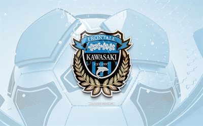 logo kawasaki frontale lucido, 4k, sfondo di calcio blu, lega j1, calcio, squadra di calcio giapponese, logo kawasaki frontale 3d, emblema kawasaki frontale, kawasaki frontale fc, logo sportivo, logo kawasaki frontale, kawasaki frontale