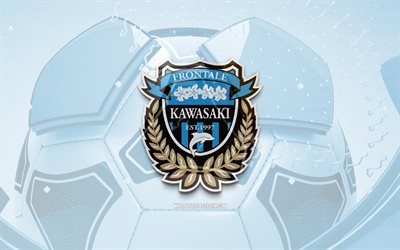 logo brillant kawasaki frontale, 4k, fond de football bleu, ligue j1, football, club de foot japonais, logo 3d kawasaki frontale, emblème kawasaki frontale, kawasaki frontale fc, logo de sport, logo kawasaki frontale, kawasaki frontale