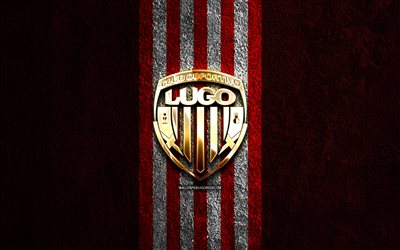 cd lugo logo dourado, 4k, fundo de pedra vermelha, la liga 2, clube de futebol espanhol, logotipo cd lugo, futebol, emblema do cd lugo, laliga2, cd lugo, lugo fc