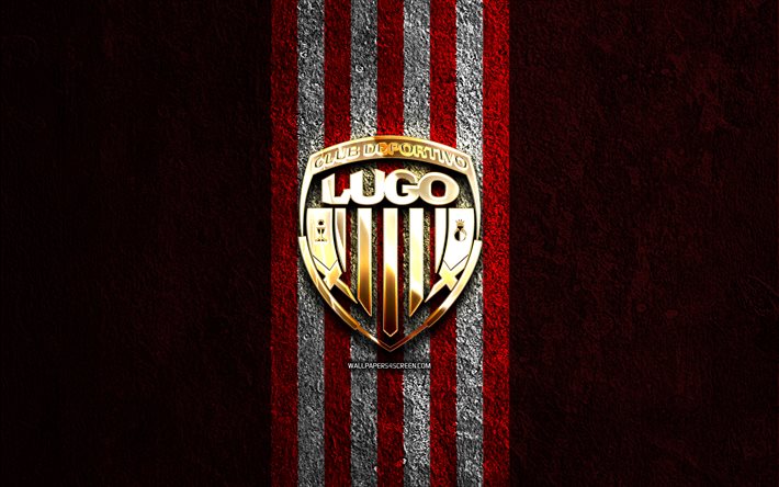 cd lugo kultainen logo, 4k, punainen kivi tausta, la liga 2, espanjalainen jalkapalloseura, cd lugo logo, jalkapallo, cd lugon tunnus, laliga2, cd lugo, lugo fc