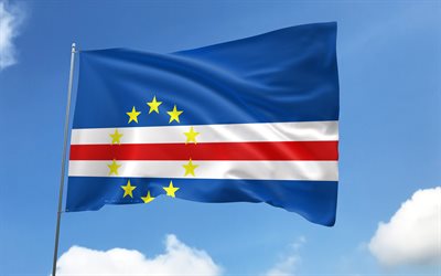 Cabo Verde flag on flagpole, 4K, African countries, blue sky, flag of Cabo Verde, wavy satin flags, Cabo Verde flag, Cabo Verde national symbols, flagpole with flags, Day of Cabo Verde, Africa, Cabo Verde