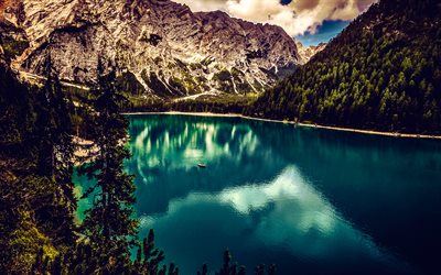 lago braies, hdr, viagens de verão, lago azul, marcos italianos, montanhas, dolomitas, tirol do sul, itália, alpes, verão, natureza bela, férias de verão
