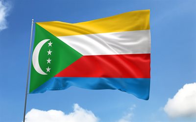 Comoros flag on flagpole, 4K, African countries, blue sky, flag of Comoros, wavy satin flags, Comoros flag, Comoros national symbols, flagpole with flags, Day of Comoros, Africa, Comoros