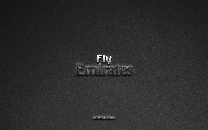logotipo de emirates airlines, marcas, fondo de piedra gris, emblema de emirates airlines, logotipos populares, emirates airlines, letreros metalicos, logotipo metálico de emirates airlines, textura de piedra