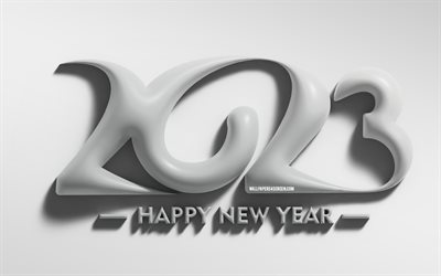 4k, 2023 Happy New Year, minimalism, white 3D digits, 2023 concepts, creative, 2023 3D digits, Happy New Year 2023, 2023 gray background, 2023 year