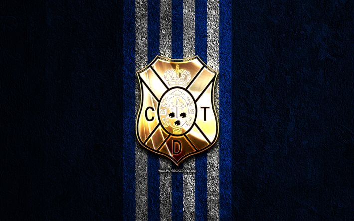 cdテネリフェの金色のロゴ, 4k, 青い石の背景, ラ リーガ 2, スペインサッカークラブ, cdテネリフェのロゴ, サッカー, cdテネリフェのエンブレム, ラ・リーガ2, cdテネリフェ, フットボール, テネリフェfc