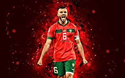 romain saiss, 4k, rote neonlichter, fußballnationalmannschaft von marokko, fußball, fußballer, roter abstrakter hintergrund, marokkanische fußballmannschaft, romain saiss 4k