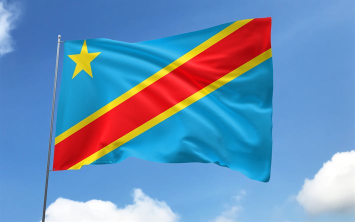 dr kongos flagga på flaggstången, 4k, afrikanska länder, dr kongos flagga, vågiga satinflaggor, dr kongos nationella symboler, afrika