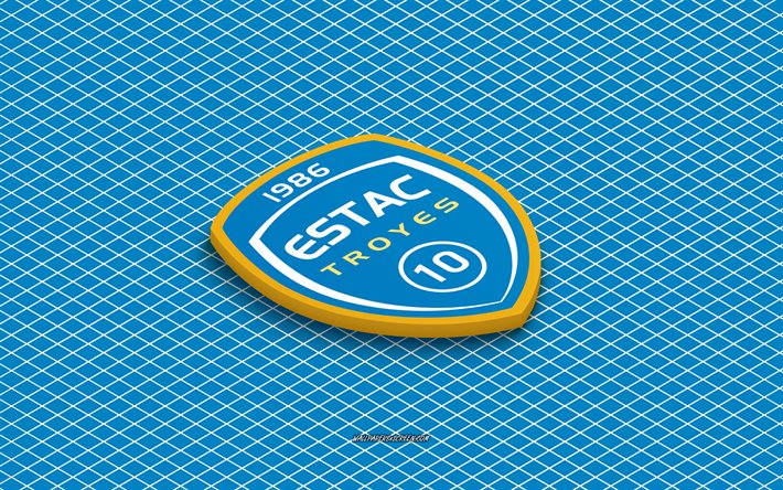 4k, ES Troyes AC isometric logo, 3d art, French football club, isometric art, ES Troyes AC, blue background, Ligue 1, France, football, isometric emblem, ES Troyes AC logo