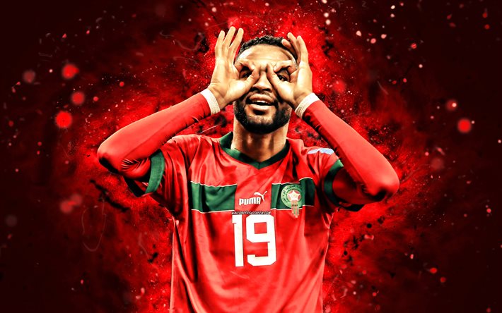युसुफ एन नेसरी, 4k, लाल नीयन रोशनी, मोरक्को की राष्ट्रीय फुटबॉल टीम, फ़ुटबॉल, फुटबॉल, लाल सार पृष्ठभूमि, मोरक्कन फुटबॉल टीम, यूसुफ एन नेसरी 4k