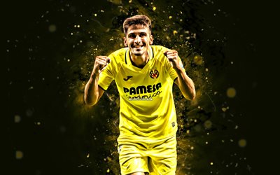 Gerard Moreno, 4k, yellow neon lights, Villarreal FC, La Liga, spanish footballers, Gerard Moreno 4K, football, soccer, LaLiga, Villarreal CF, Gerard Moreno Villarreal