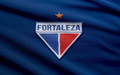 Fortaleza EC fabric logo, 4k, blue fabric background, Brazilian Serie A, bokeh, soccer, Fortaleza EC logo, football, Fortaleza EC emblem, Fortaleza EC, Brazilian football club, Fortaleza FC