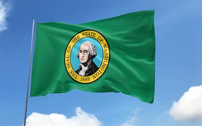 旗竿のワシントン旗, 4k, アメリカの州, 青空, ワシントンの旗, 波状のサテンの旗, ワシントン旗, 米国の状態, 旗のあるフラッグポール, アメリカ, ワシントンの日, アメリカ合衆国, ワシントン