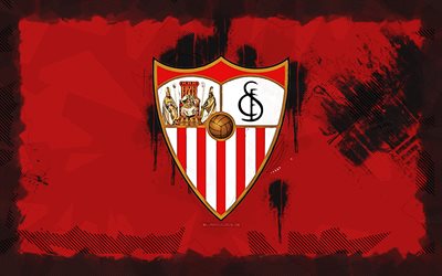 Sevilla FC grunge logo, 4k, LaLiga, red grunge background, soccer, Sevilla FC emblem, football, Sevilla FC logo, Sevilla FC, spanish football club, Sevilla