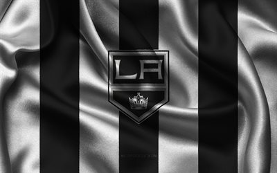 4k, logotipo de los ángeles kings, tela de seda blanca negra, equipo de hockey estadounidense, emblema de los reyes de los ángeles, nhl, kings de los ángeles, eeuu, hockey, bandera de los reyes de los ángeles