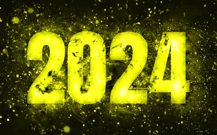4k, hyvää uutta vuotta 2024, keltaiset neonvalot, 2024 käsitteet, 2024 hyvää uutta vuotta, neontaide, luova, 2024 keltainen tausta, 2024 vuosi, 2024 keltaista numeroa