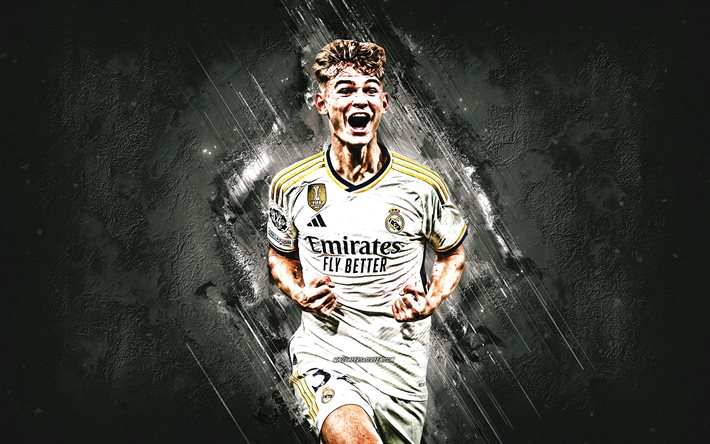 Nico Paz, Real Madrid, Argentine football player, white stone background, La Liga, Spain, football