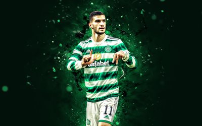 Liel Abada, 4k, green neon lights, Celtic FC, Scottish Premiership, Israeli footballers, Liel Abada 4K, football, soccer, Liel Abada Celtic