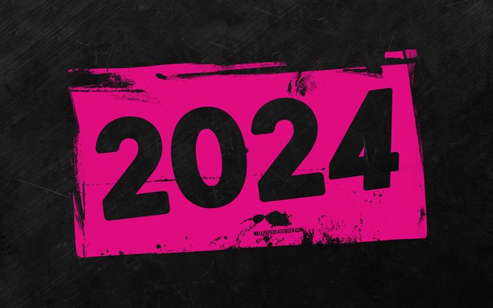 4k, 2024 bonne année, chiffres grunge violets, contexte en pierre grise, 2024 concepts, 2024 chiffres abstraits, bonne année 2024, grunge, 2024 contexte violet, 2024 ans