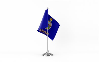 4k, bandeira da tabela do kansas, fundo branco, bandeira do kansas, bandeira da mesa do kansas, bandeira do kansas no bastão de metal, american states flags, kansas, eua