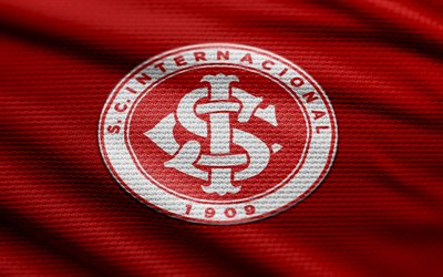 SC Internacional fabric logo, 4k, red fabric background, Brazilian Serie A, bokeh, soccer, SC Internacional logo, football, SC Internacional emblem, SC Internacional, Brazilian football club, Internacional FC