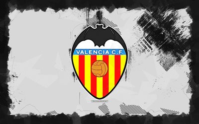 バレンシアcfグランジロゴ, 4k, ラリガ, 白いグランジの背景, サッカー, バレンシアcfエンブレム, フットボール, バレンシアcfロゴ, バレンシアcf, スペインのフットボールクラブ, バレンシアfc