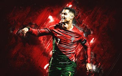 cristiano ronaldo, cr7, calciatore portoghese, team di calcio nazionale del portogallo, sfondo di pietra rossa, world football star, portogallo, calcio